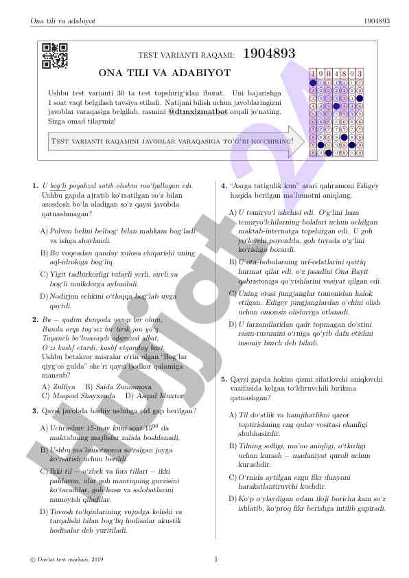 Ona tili va adabiyot test variantlari