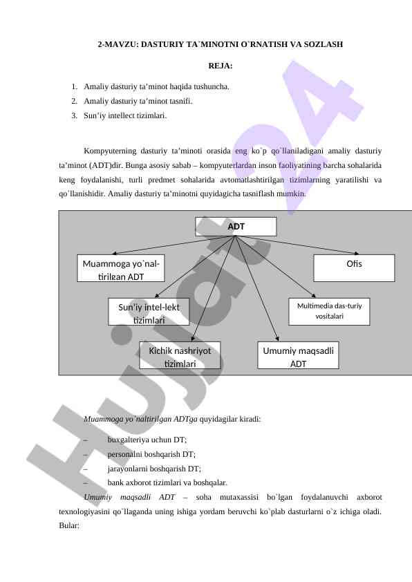 Dasturiy ta`minot o`rnatiishi va sozlash