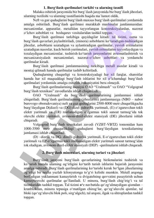 Burg‘ilash qurilmalari toshkishi va tasnifi