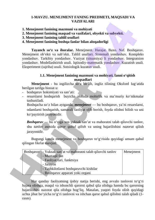 Menejment fanining mavzulari va asosiy tahlil usullari