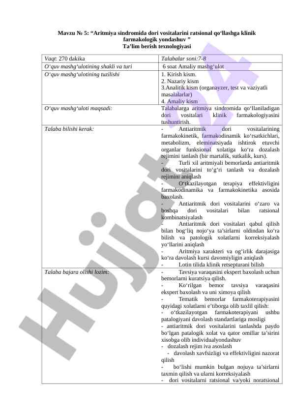 Aritmiya sindromida dori vositalarini ratsional qo‘llash