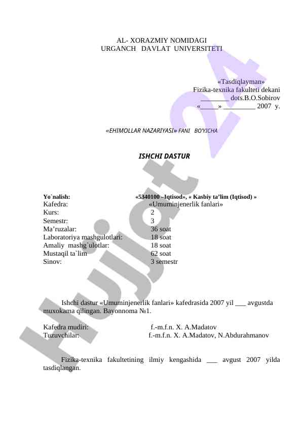 Ehtimollar nazariyasi fani bo'yicha ishchi dastur