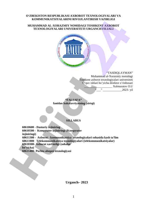 Falsafa fanidan bakalavriyatning sillabus