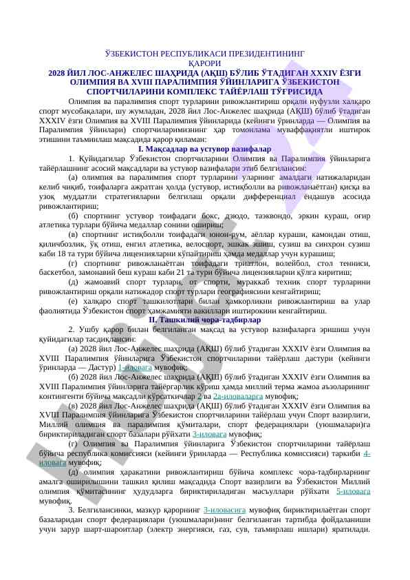 O‘zbekiston sportchilarini olimpiya o‘yinlariga tayyorlash