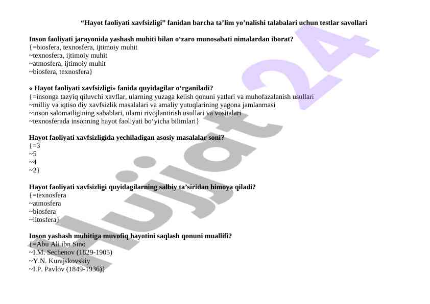 Hayot faoliyati xavfsizligi fanidan testlar savollari