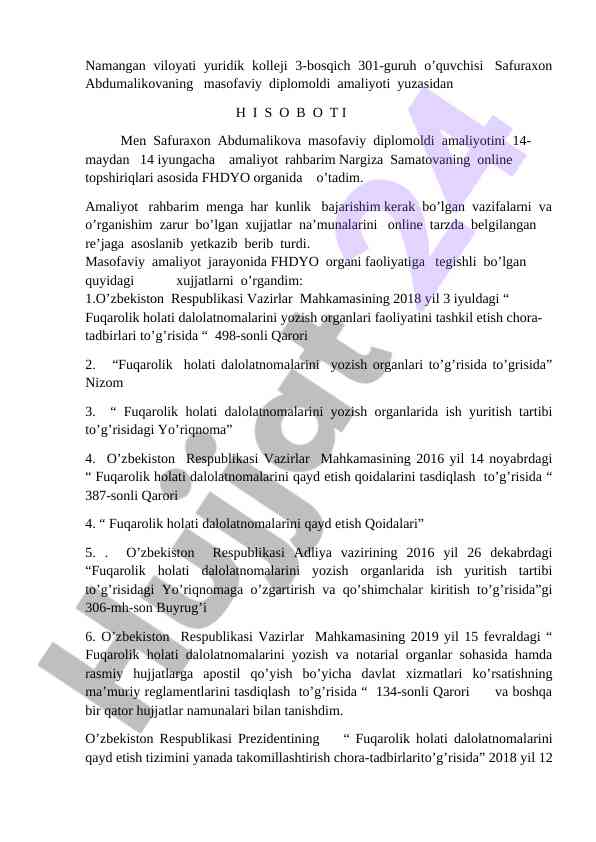 Masofaviy diplomoldi amaliyoti hisoboti