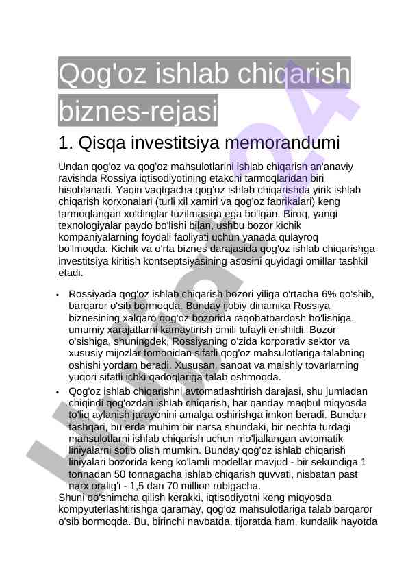 Qog'oz ishlab chiqirish biznes-rejasi va investitsiyalar