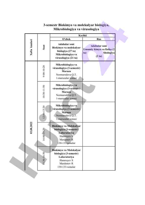 Mikrobiologiya va biokimyo 3-semestr dars jadvali