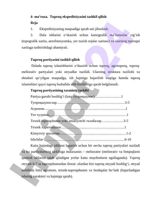 Tuproq ekspeditsiyasini tashkil qilish reja