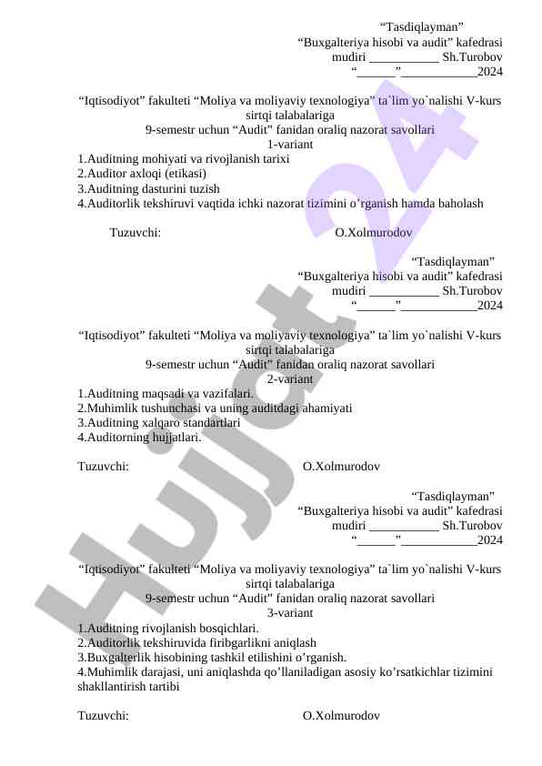 Audit fanidan oraliq nazorat savollari 9-semestr