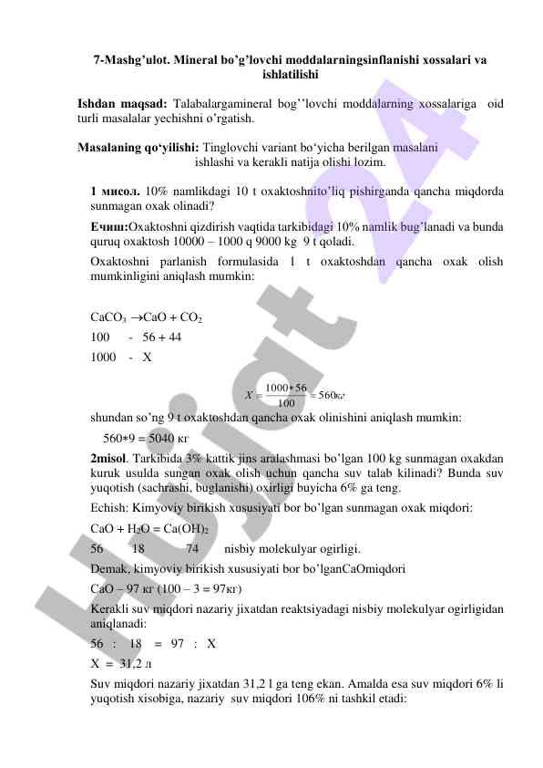 Mineral bog‘lovchi moddalarning xossalari va ishlatilishi