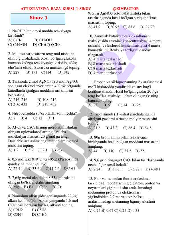 Kimyo test savollari va javoblari