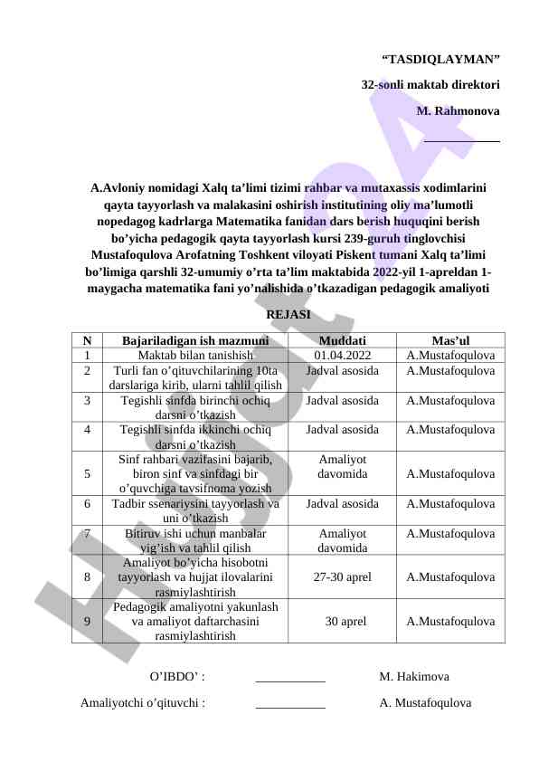 Pedagogik amaliyot rejasi dars tahlili jadvali
