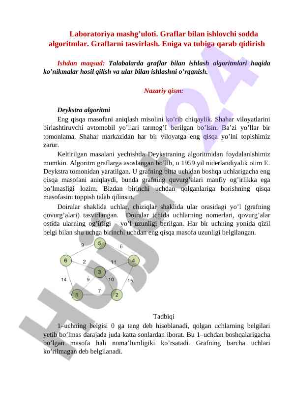 Graflar bilan ishlovchi algoritmlar va deykstra
