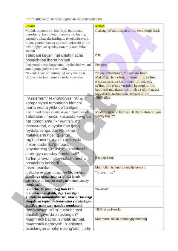 Informatika o'qitish texnologiyalari va loyihalash