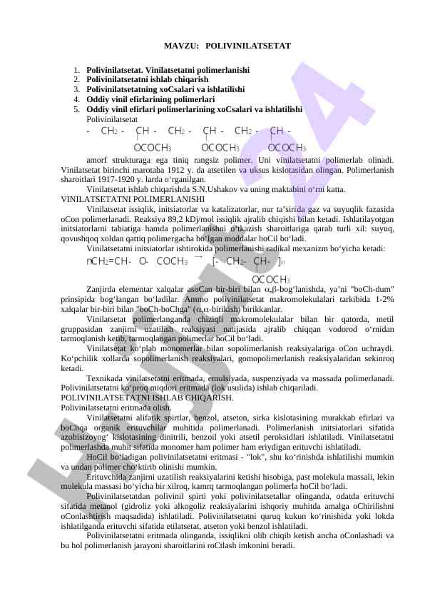 Polivinilatsetat ishlab chiqarish va xo‘jalari