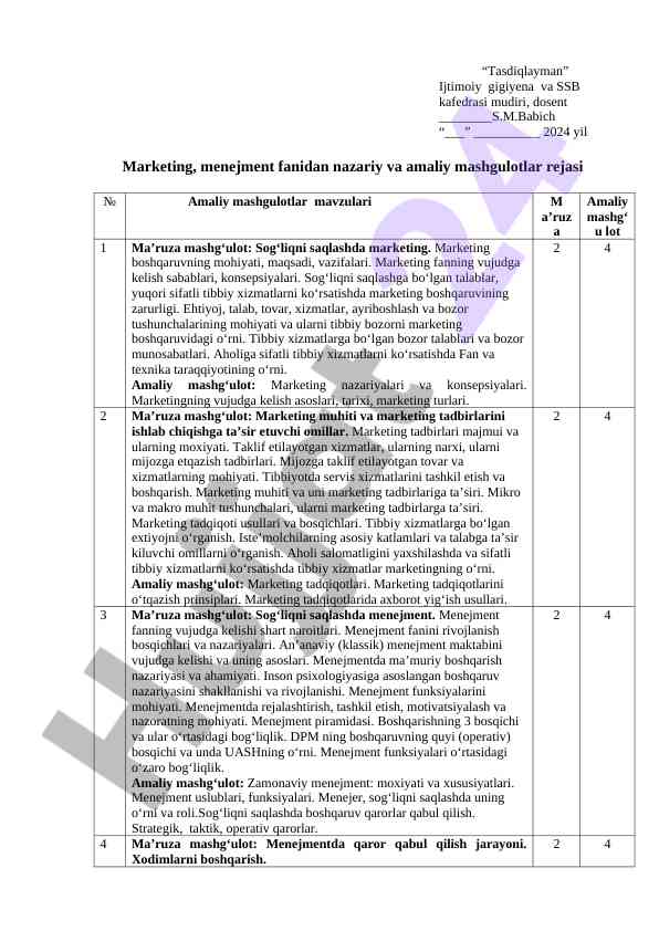 Marketing va menejment fandi mashg'ulotlar rejasi