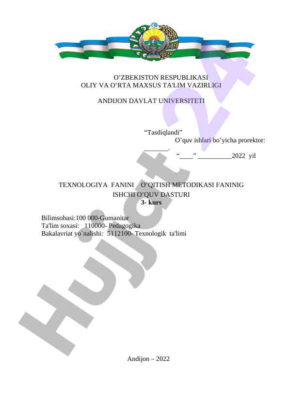 Texnologiya fanini o‘qitish metodikasi dasturi