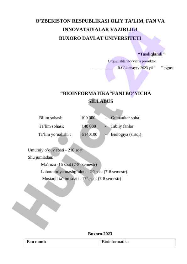 Bioinformatika fani bo'yicha sillabus 2023