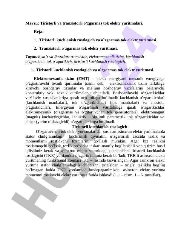 Tiristorli va tranzistorli o‘zgarmas tok elektr yuritmalari