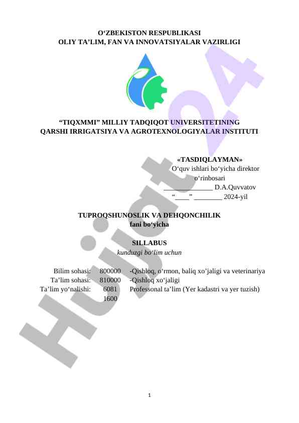 To‘g‘ri tuproqshunoslik va dehqonchilik sillabus