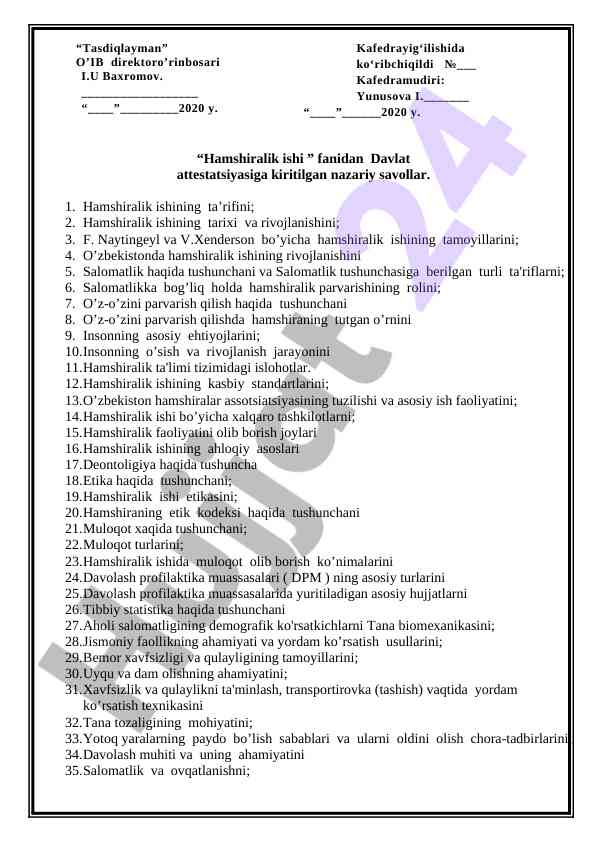 Hamshiralik ishiga oid davlat attestatsiyasi savollari