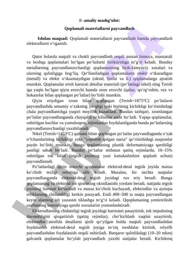 Qoplamali materiallarni payvandlash texnologiyalari