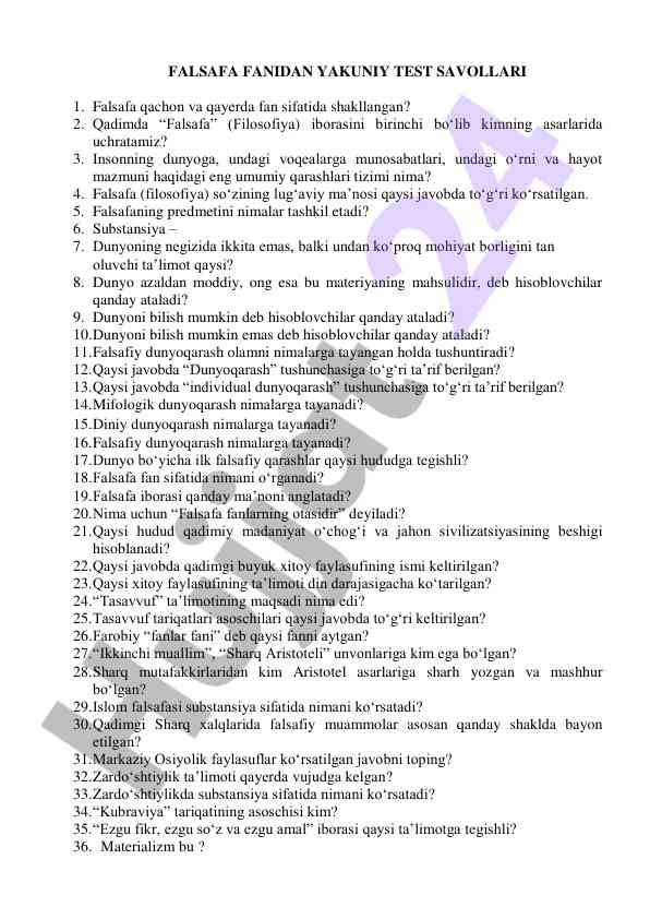Falsafa fanidan yakuniy test savollari