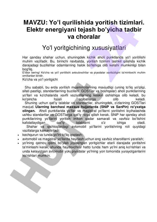 Yo’l qurilishida yoritish tizimlari va energiyani tejash