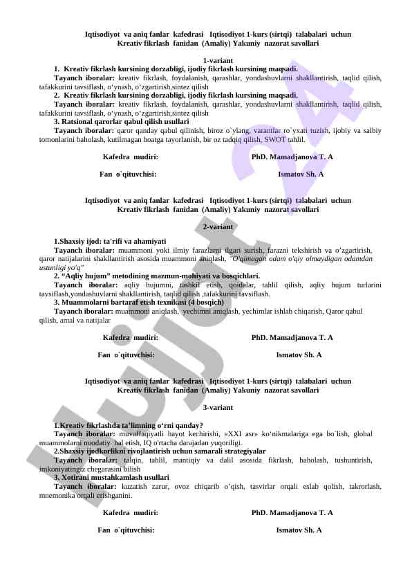 Kreativ fikrlash fanidan yakuniy nazorat savollari