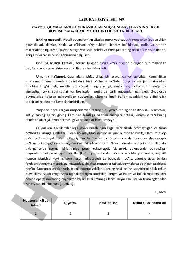 Quymalarda uchraydigan nuqsonlar tahlili