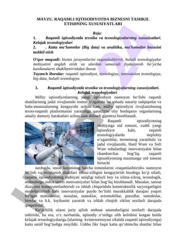 Raqamli iqtisodiyotda biznesni tashkil etish xususiyatlari