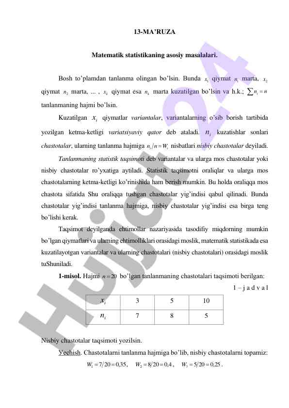 Matematik statistika asosiy masalalari ma’ruzasi