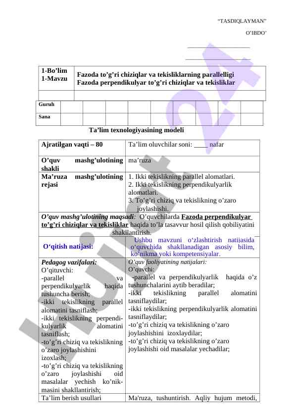 Fazoda perpendikulyar to‘g‘ri chiziqlar mavzusi