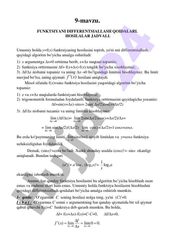 Differentsialash qoidalari va hosilalar jadvali