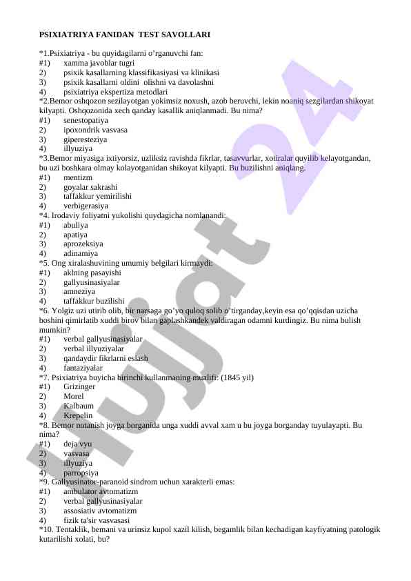 Psixiatriya fanidan test savollari