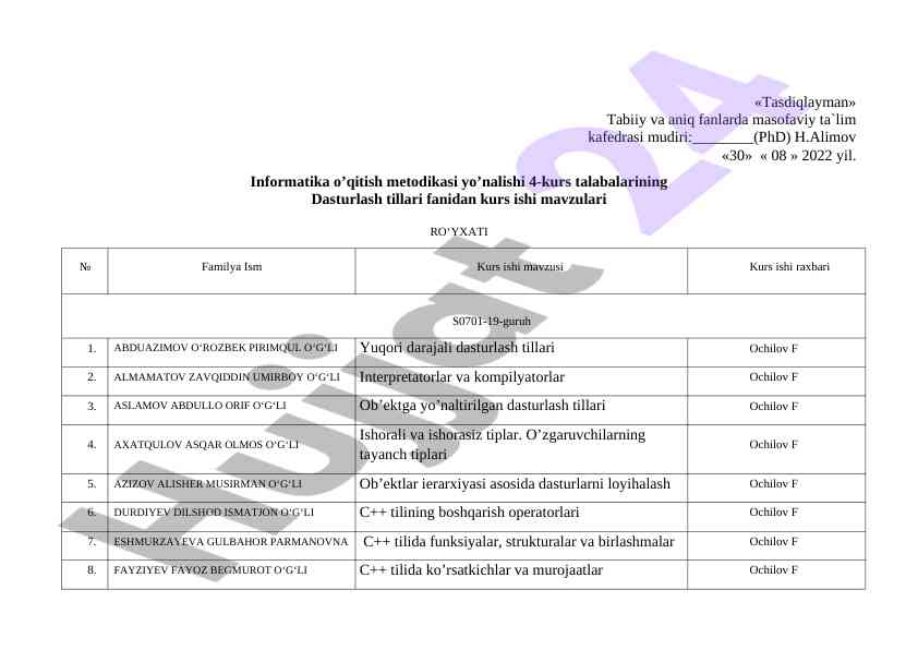 Dasturlash tillari fanidan kurs ishlari mavzulari