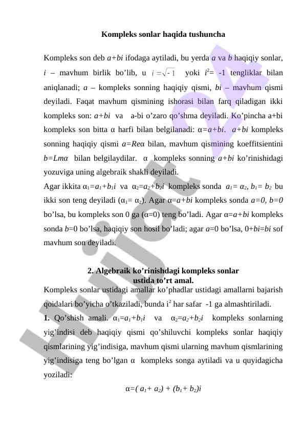 Kompleks sonlar ustida o'tkaziladigan amallar