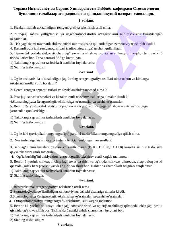 Radiologiya fanidan yaqin nazorat savollari