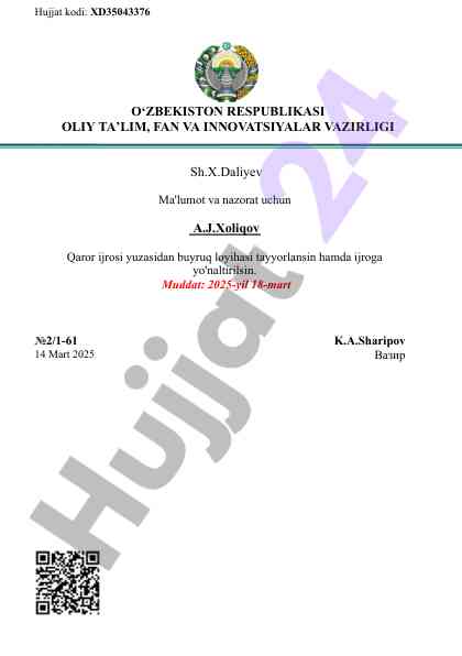 Hujjat loyihasi ijrosi uchun buyruq tayyorlash