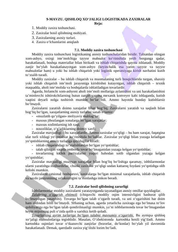 Qishloq xo‘jaligi logistikasi va zaxiralar tushunchasi