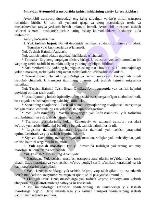 Avtomobil transportida tashish ishlarining ko‘rsatkichlari