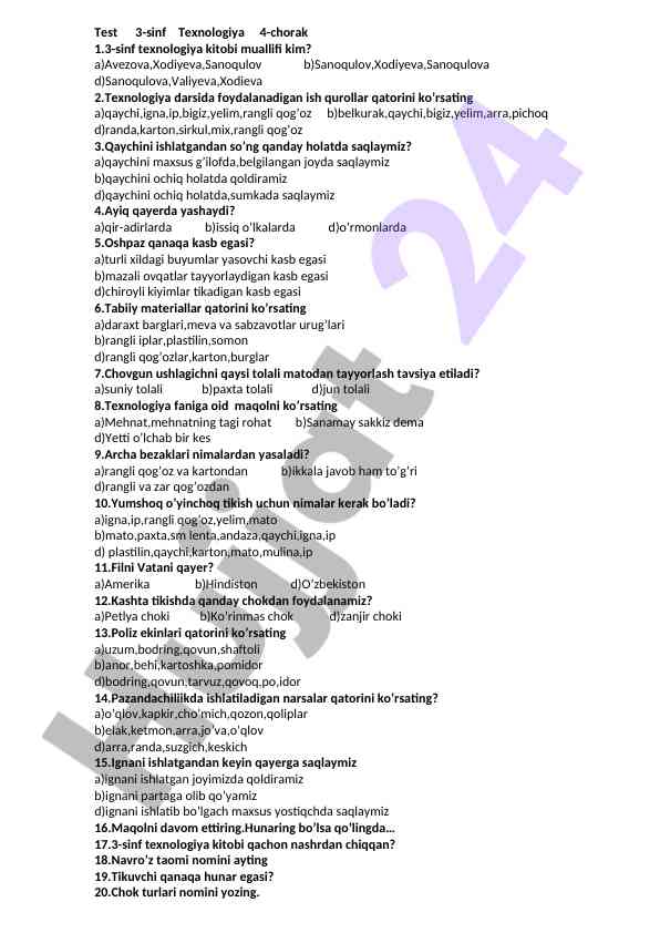 3-sinf texnologiya test savollari