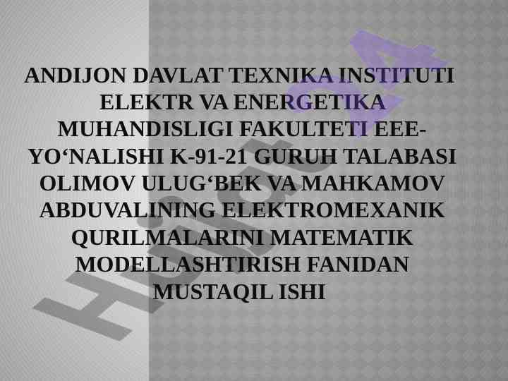 Elektromexanik qurilmalar matematik modellashtirish
