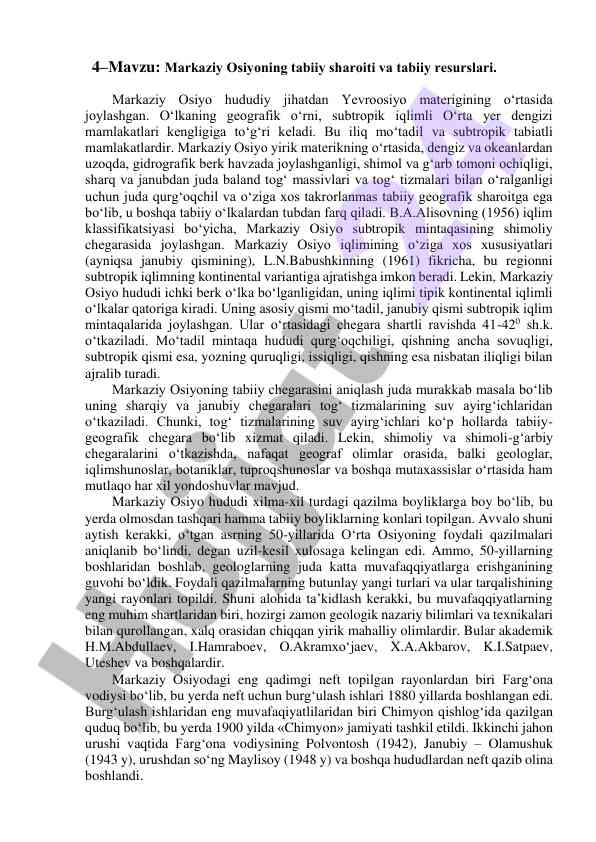 Markaziy osiyoning tabiiy sharoiti va resurslari