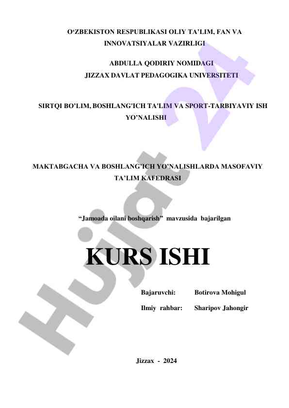 Jamoada oilani boshqarish mavzusida kurs ishi
