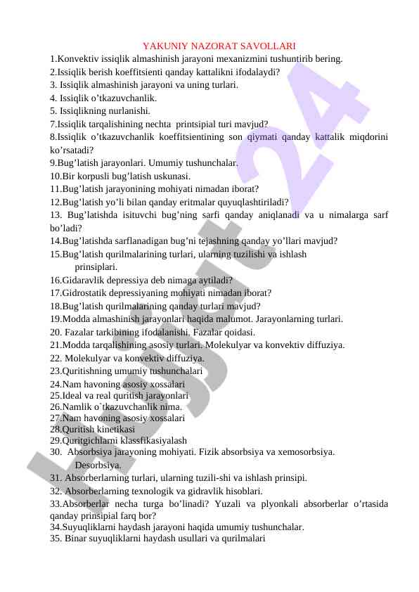 Issiqlik Almashinish Jarayoni Haqida Savollar