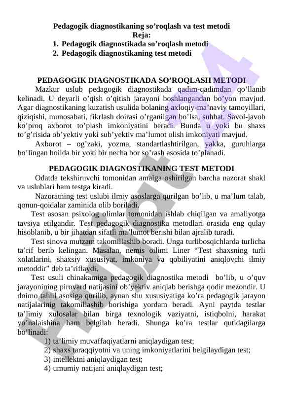 Pedagogik diagnostikada so’roqlash va test metodi