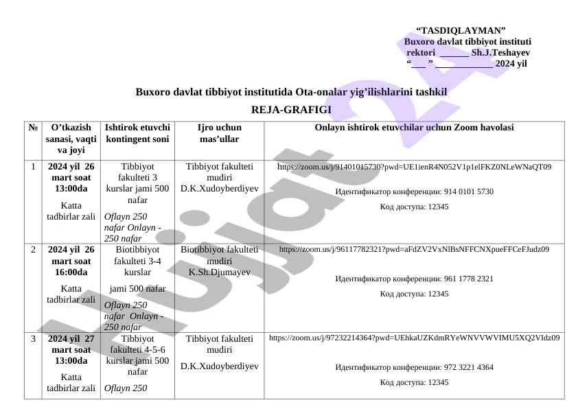 Ota-onalar yig'ilishlari tashkil reja-grafikasi 2024