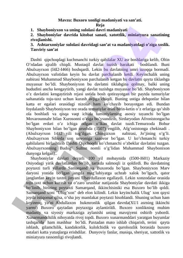 Buxoro xonligi madaniyati va san’ati rivojlanishi